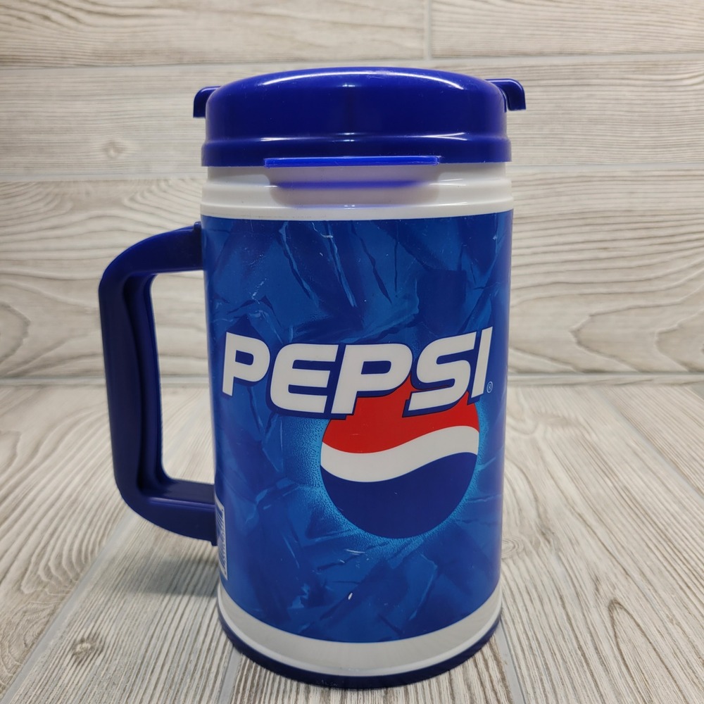 Pepsi Insulated Travel Mug 32oz Blue Whirley Plastic Soda Pop Cup Handle Vtg - Picture 3 of 11